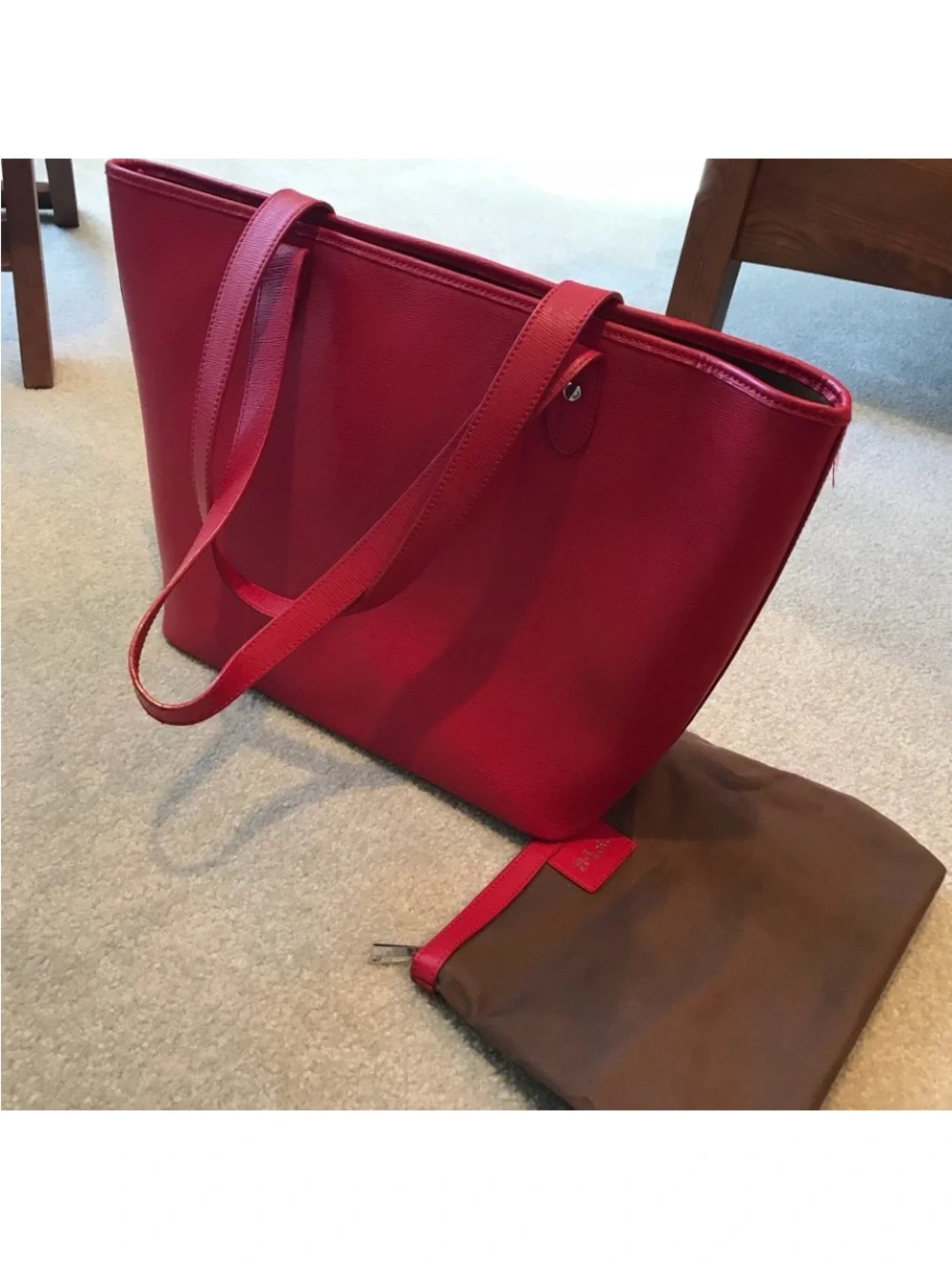 Ralph Lauren Red Leather Tote with Matching Brown Pouch